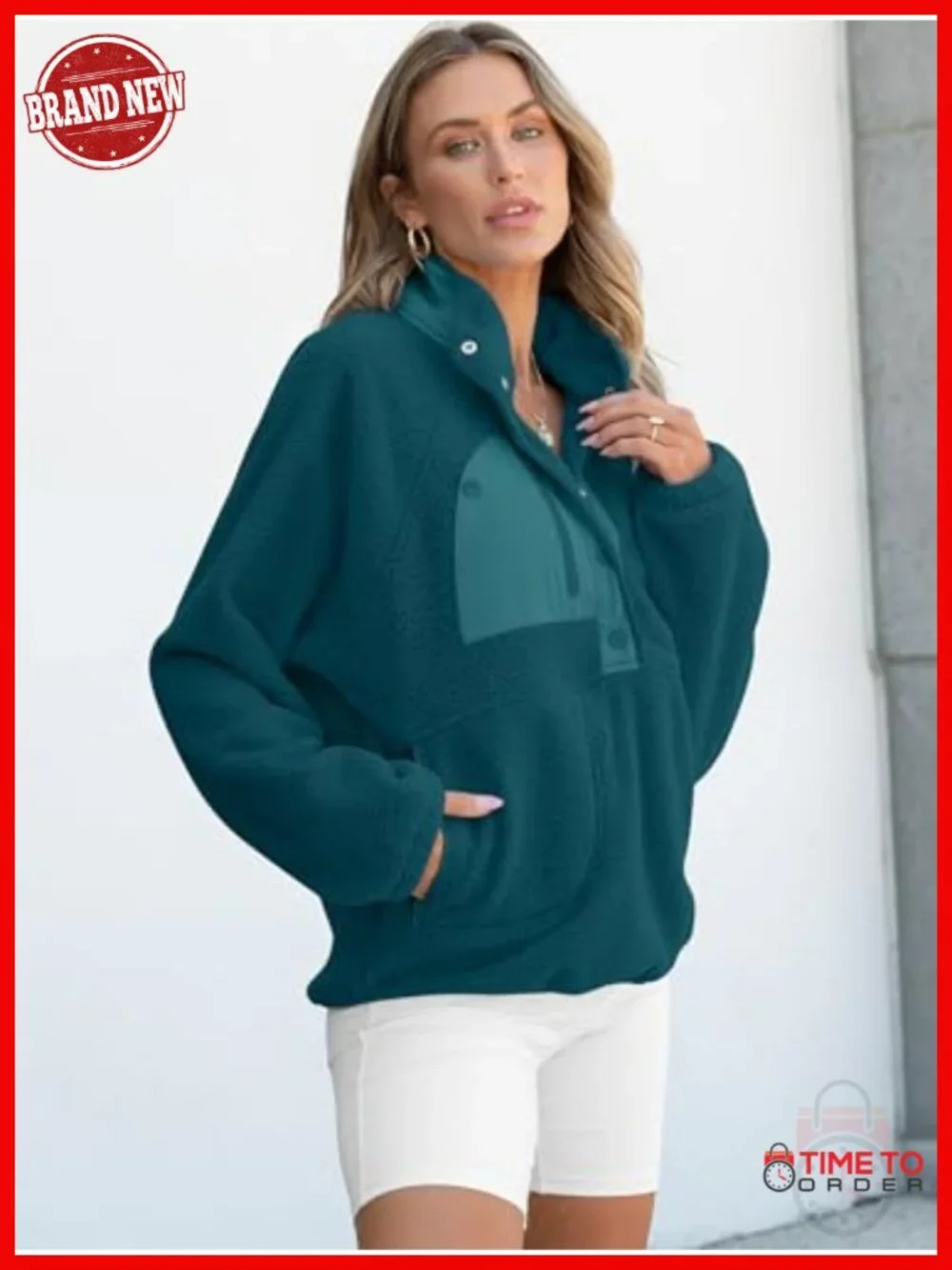 Fuzzy Fleece Pullover Sherpa Jacket - Color Block, Button Down, Long Sleeve,
